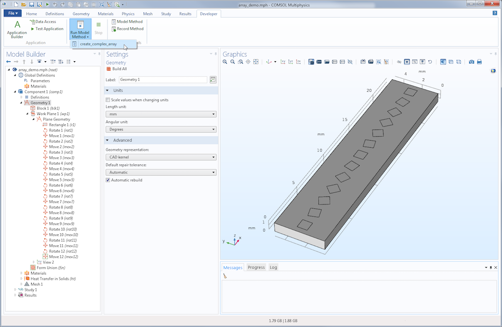 Screenshot depicting the use of model methods to update a model in COMSOL® software version 5.3.