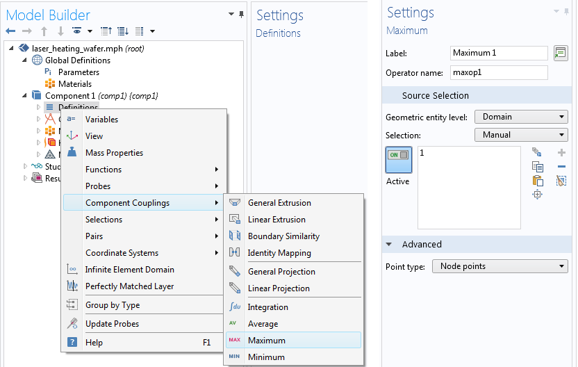 A screenshot of COMSOL Multiphysics® that shows how to add the Maximum component coupling.