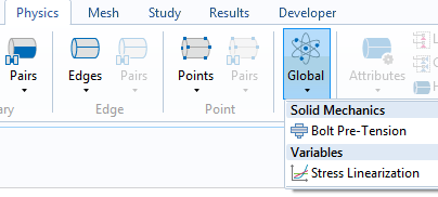 A screenshot of the COMSOL Multiphysics® Model Builder ribbon, highlighting the Stress Linearization node.