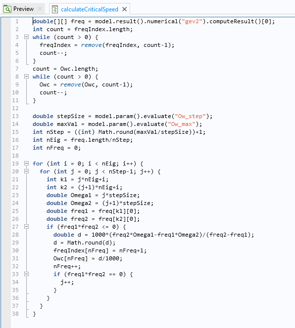 A screenshot of the Method Editor code for the Rotor Bearing System Simulator.