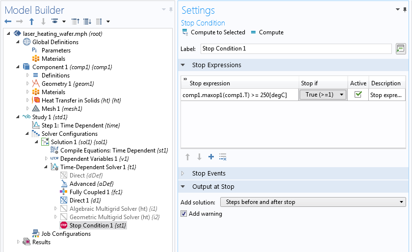 A screen capture of the Stop Condition Settings window.