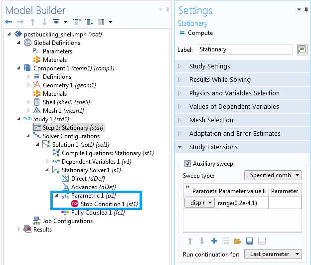 A screen capture showing the Settings window for a stationary analysis with a stop condition.