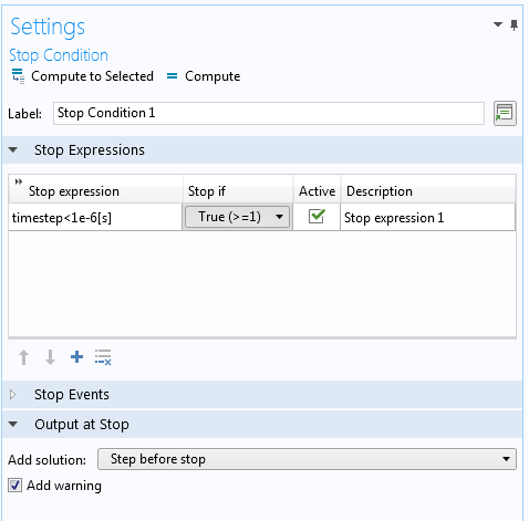 A screenshot of the Settings window for the stop condition with a timestep variable.