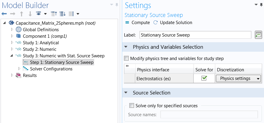 A screenshot of the Stationary Source Sweep settings in COMSOL Multiphysics.