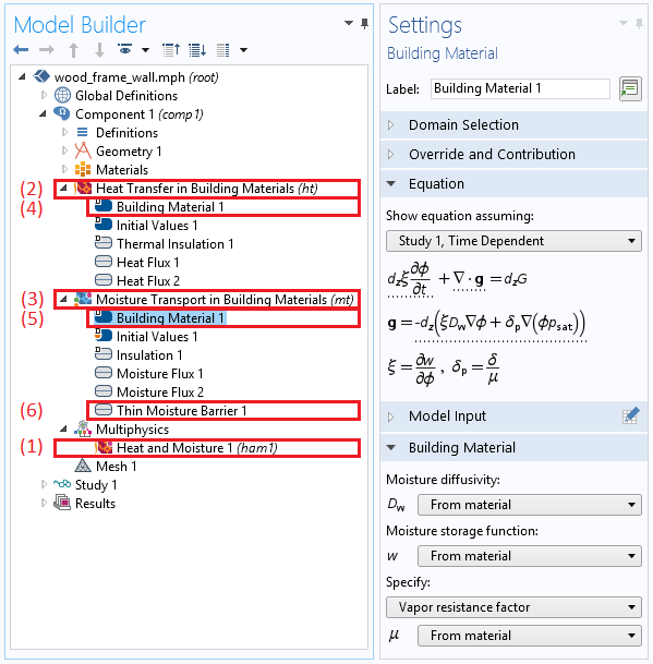 An annotated screenshot of the model tree in COMSOL Multiphysics with the Building Material settings shown.