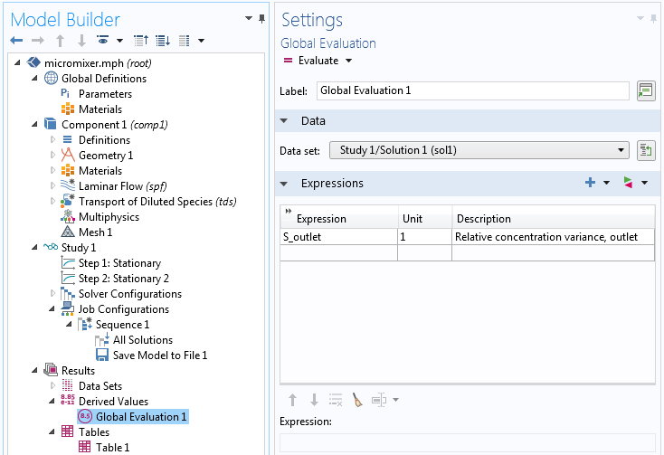 A screenshot of COMSOL Multiphysics with the Global Evaluation Settings window open.