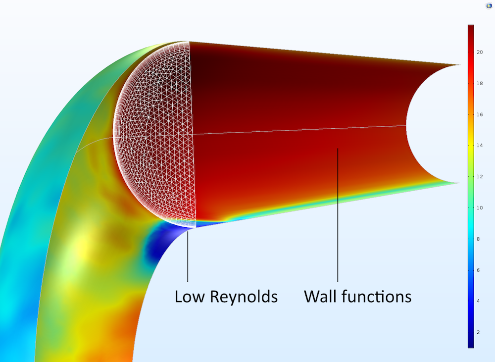 高亮显示了添加了低雷诺数和壁函数的管道弯头模型。