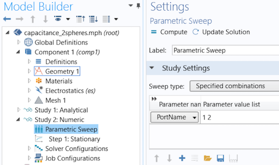 A screenshot with the Parametric Sweep node highlighted in the model tree.