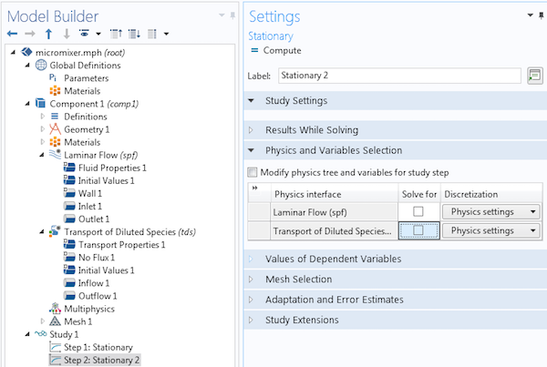 A screenshot of COMSOL Multiphysics with the Stationary study Settings window open.