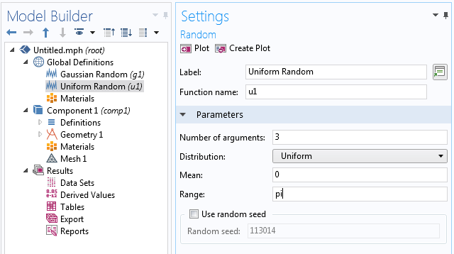 A screenshot of the settings for the Uniform Random function in COMSOL Multiphysics.