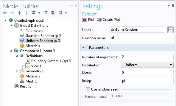 A screenshot of COMSOL Multiphysics showing the Uniform Random settings.