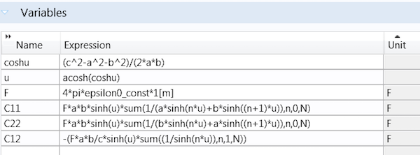 A screenshot showing expressions declared as variables in COMSOL Multiphysics.