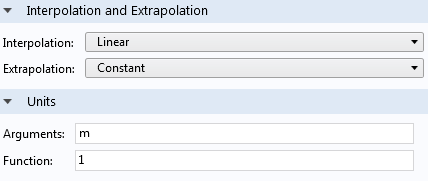 A screenshot showing interpolation, extrapolation, and unit settings in COMSOL Multiphysics.