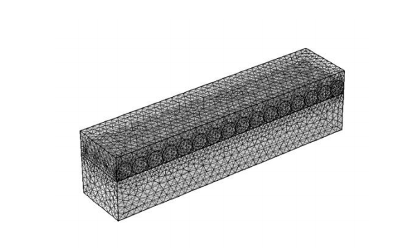 A meshed geometry of a COMSOL model used for analyzing laser beam-matter interaction in SLM.