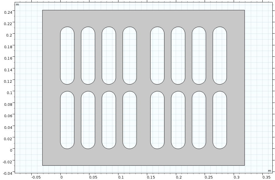 A 2D COMSOL geometry of a plate with slots.