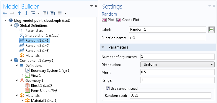 A screenshot showing the settings for one random variable in COMSOL Multiphysics.