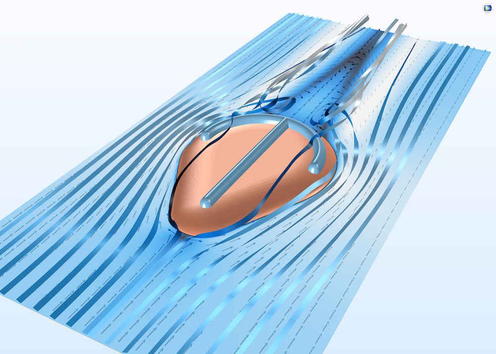 A 3D model of the recirculation zone around Parvancorina when the arms are positioned downstream, back view.