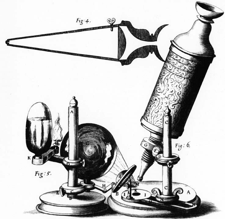 An illustration by Robert Hooke of the microscope he used for his book Micrographia.