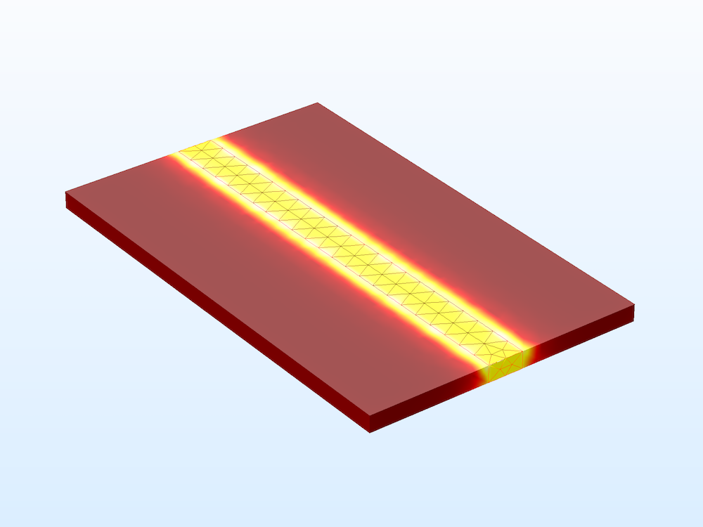 An EM model of a microstrip line, produced with the COMSOL Multiphysics software.