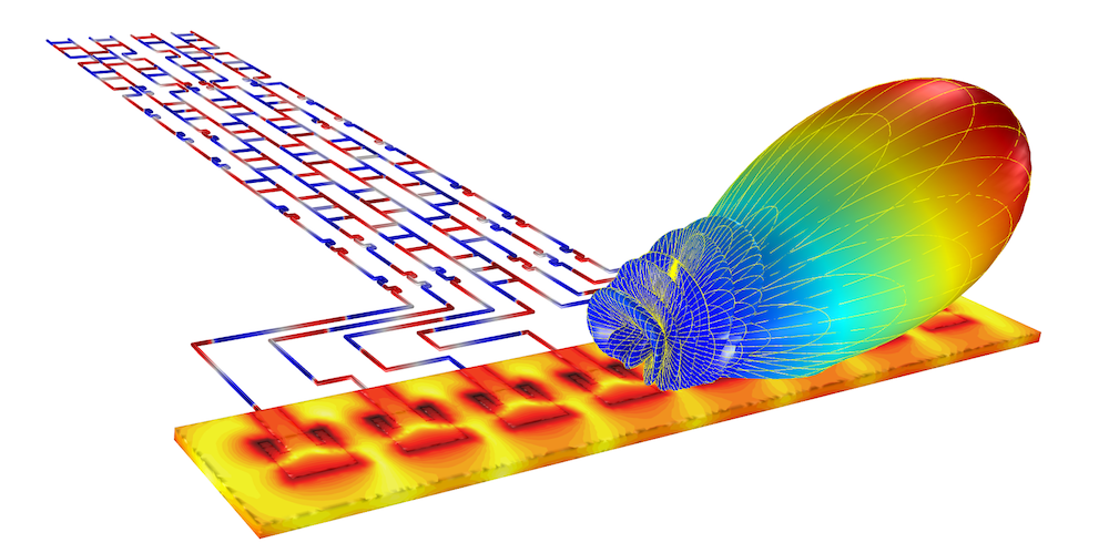 A 3D model of a phased array antenna, created with the RF Module.