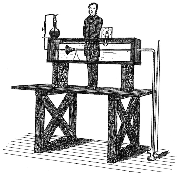 An illustration of Osborne Reynolds' fluid flow experiment setup.