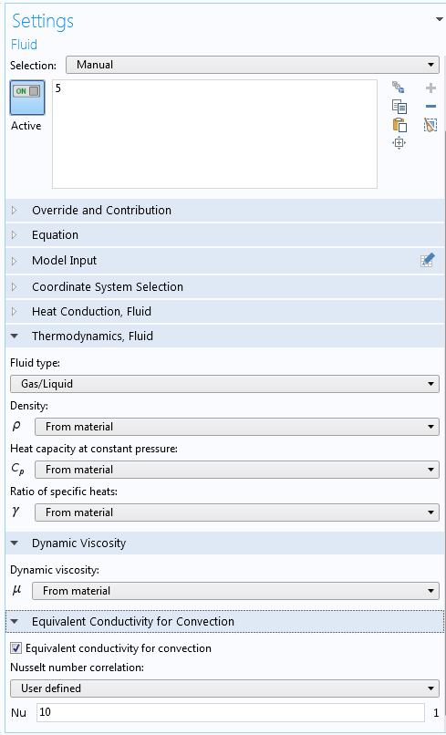 A screenshot of the Fluid node settings in the COMSOL software.