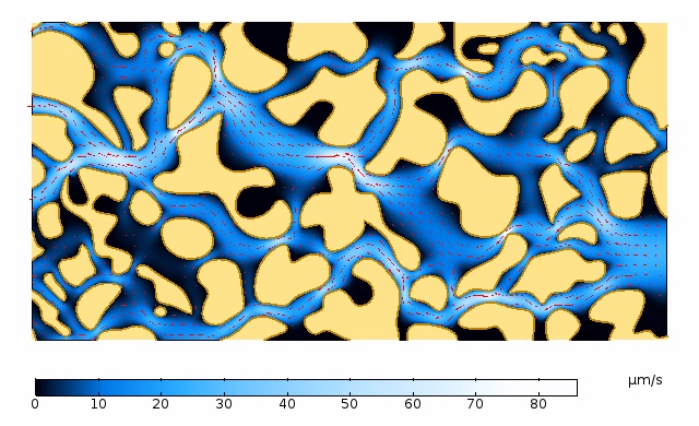 Image depicting a velocity magnitude simulation plot showing flow through a pore space.