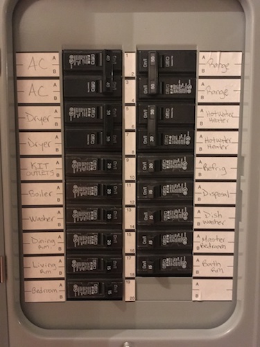A photo of a circuit breaker panel in a residential building.