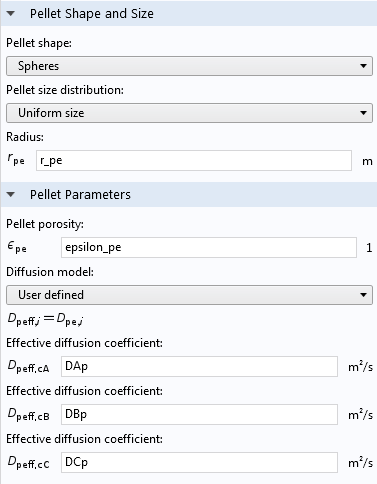 A screenshot of the COMSOL software GUI showing the Reactive Pellet Bed feature settings.
