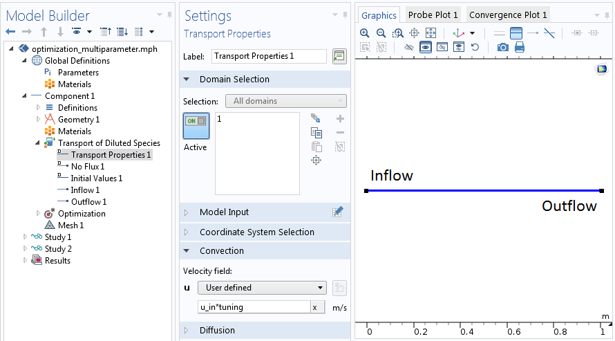 A screenshot showing how to set up the multiparameter optimization problem in COMSOL Multiphysics®.