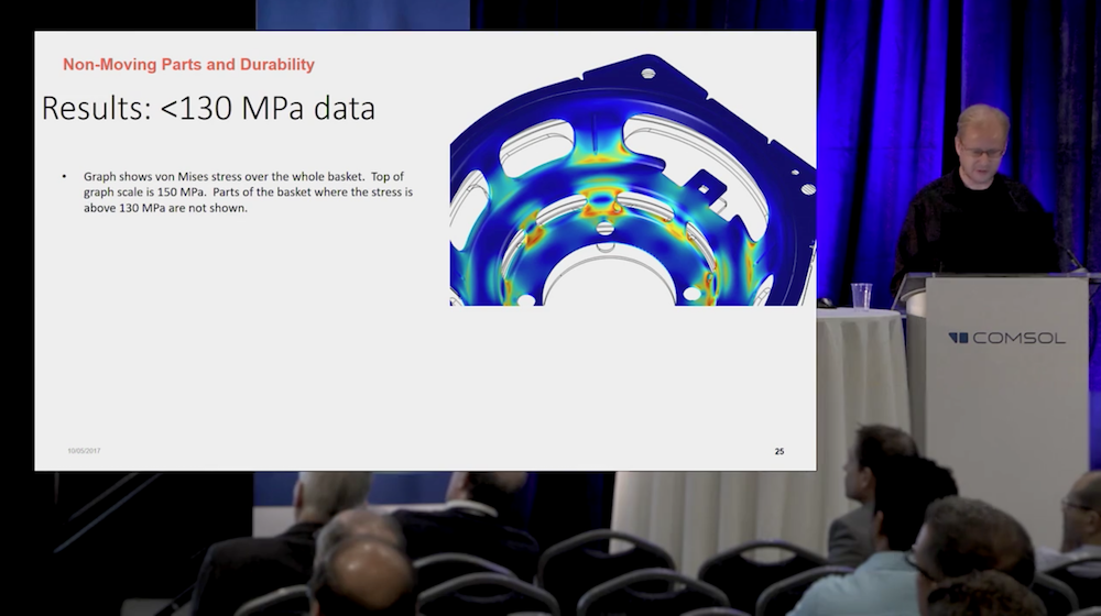 A screenshot from the keynote video where Richard Little discusses using simulation to develop audio transducers.