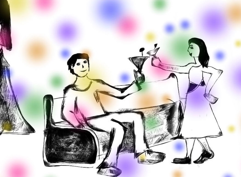 An illustration of two friends at a party, illustrating the cocktail party problem in action.