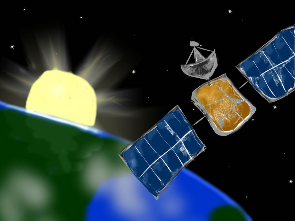 An illustration of a dead satellite that could be removed from space by an ejector.