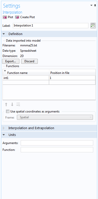 A screenshot of the Interpolation function settings in COMSOL Multiphysics.