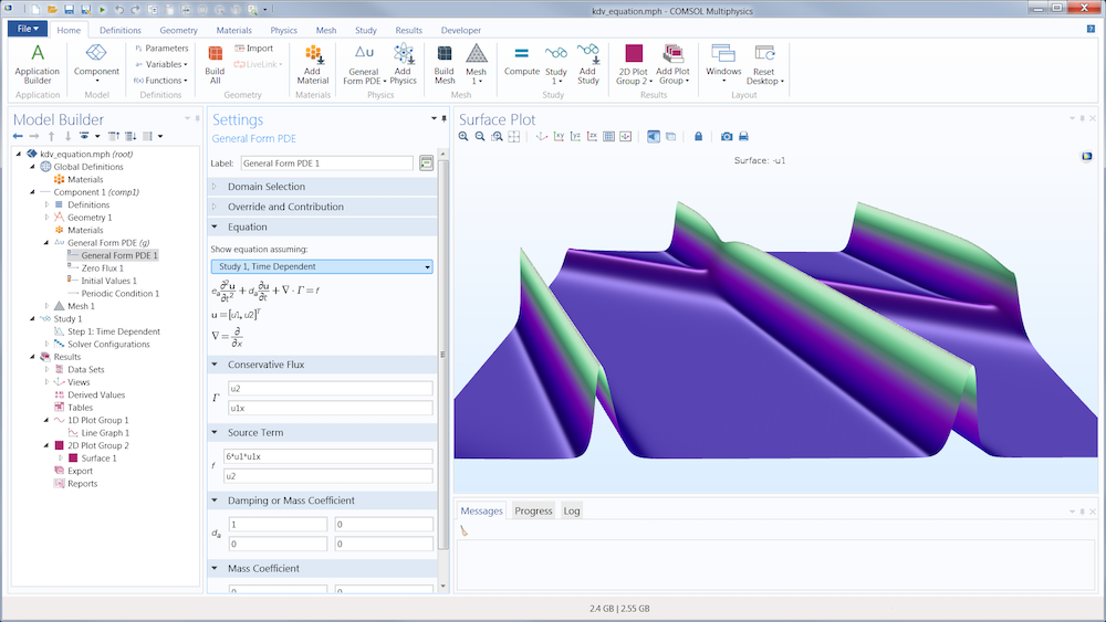 A screenshot of the COMSOL Multiphysics® GUI with a custom PDE.