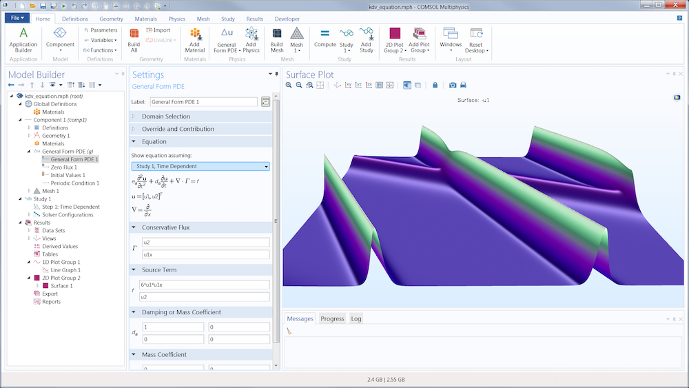 Solitons modeled by solving the KdV equation in the COMSOL Multiphysics software.