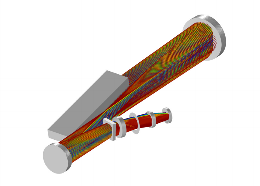 Simulation results showing the ray diagram for the white pupil échelle spectrograph in 3D.