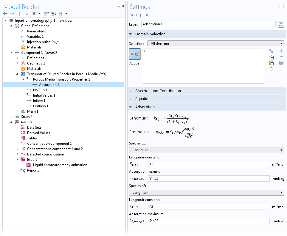 A screenshot of the settings for Adsorption in COMSOL Multiphysics.