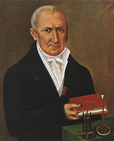 A painting of Alessandro Volta in the lab.