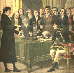 An illustration of Volta showing Bonaparte his voltaic pile.