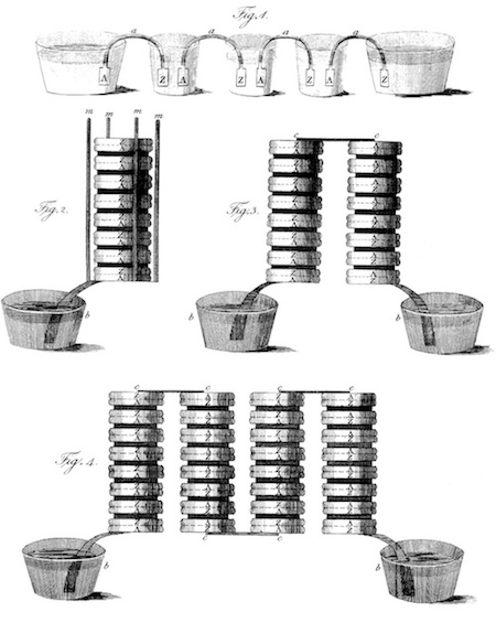 A drawing of voltaic pile configurations.