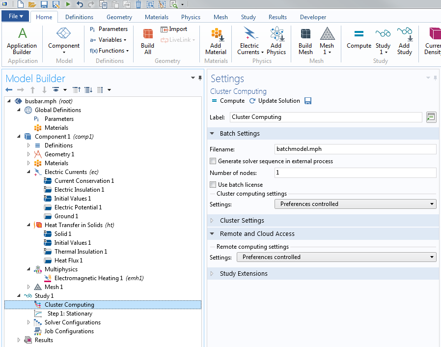 A cropped screenshot showing the Cluster Computing settings in COMSOL Multiphysics.