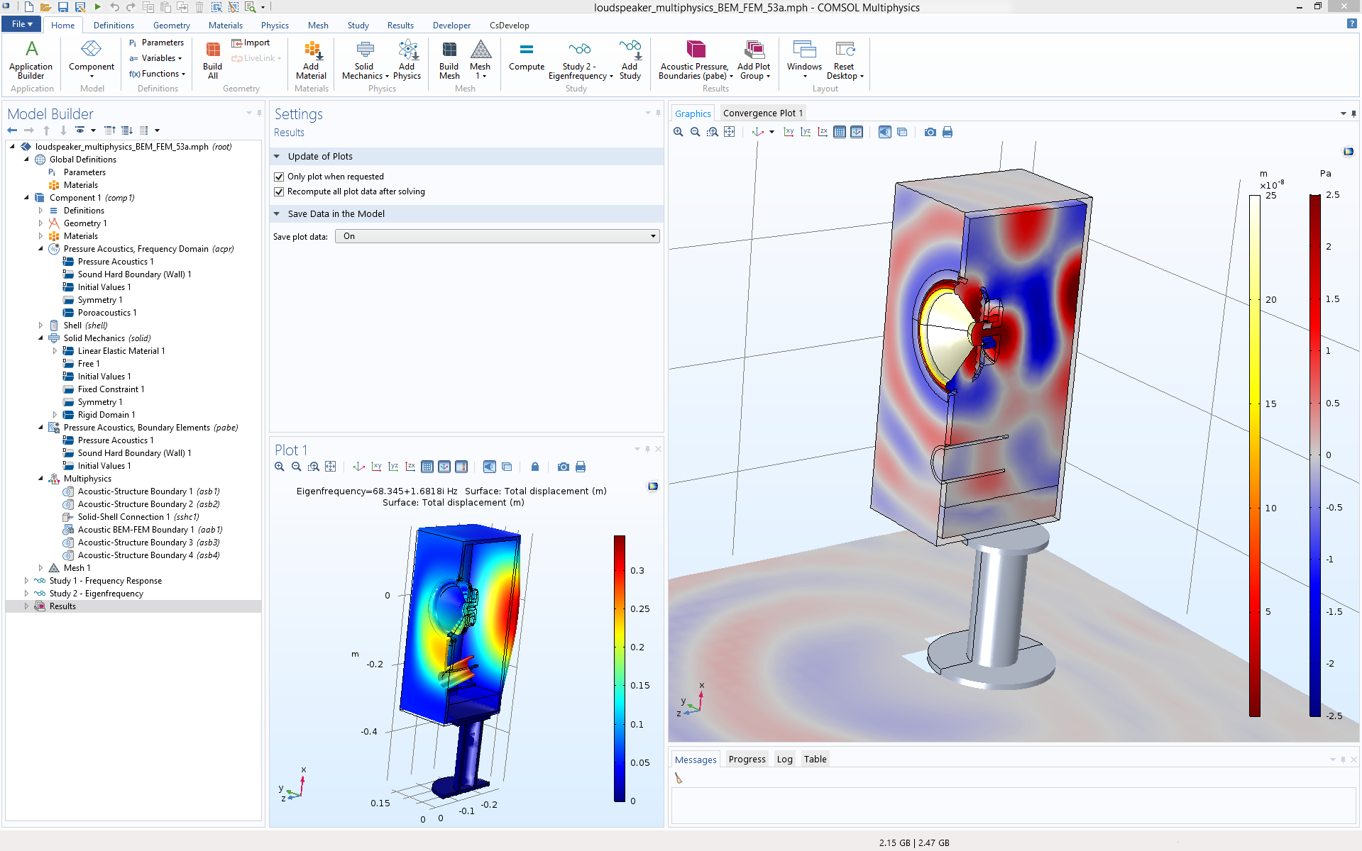 图片显示了 COMSOL Multiphysics® 软件中的扬声器多物理场模型。