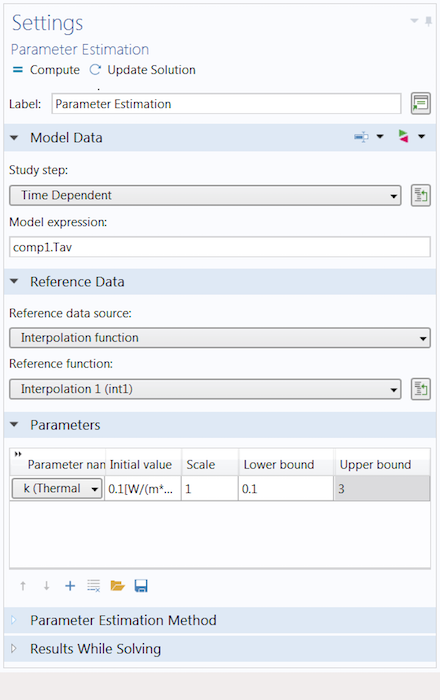 A screenshot of the Parameter Estimation Settings window in COMSOL Multiphysics®.