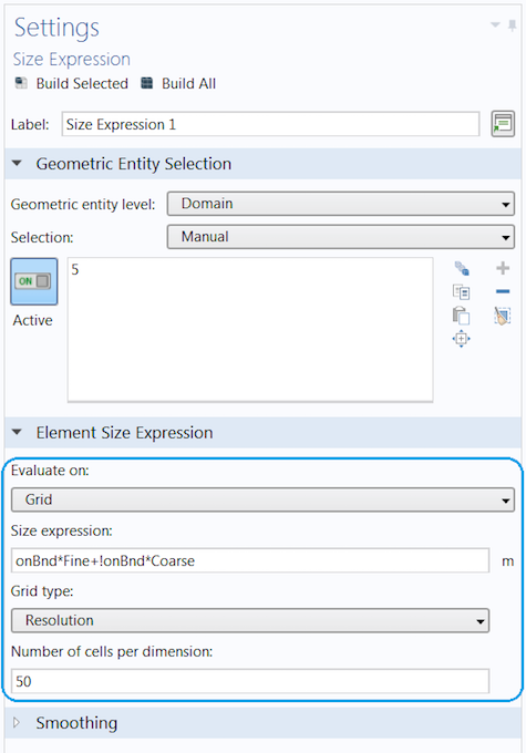 A screenshot of the Size Expression settings for a COMSOL Multiphysics model.