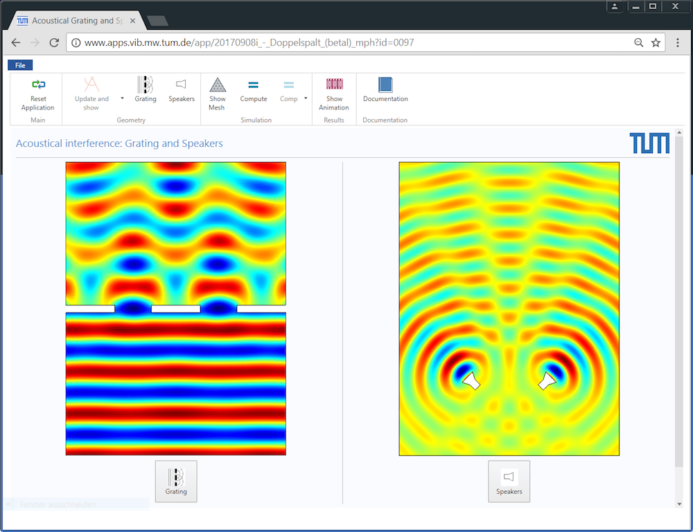 An image showing an educational app for teaching students about acoustics phenomena.