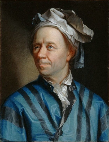 A painting of Leonhard Euler wearing a blue and black jacket.