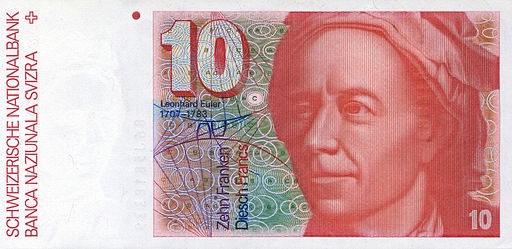 A photo of an old Swiss 10-franc banknote featuring Euler.