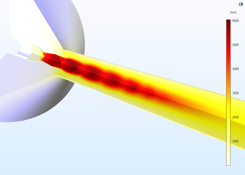 Simulation results for a supersonic ejector model, including shock diamonds.