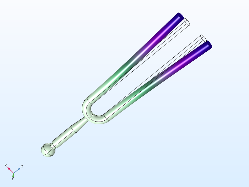 A simulation of a tuning fork that is vibrating in its first eigenmode.